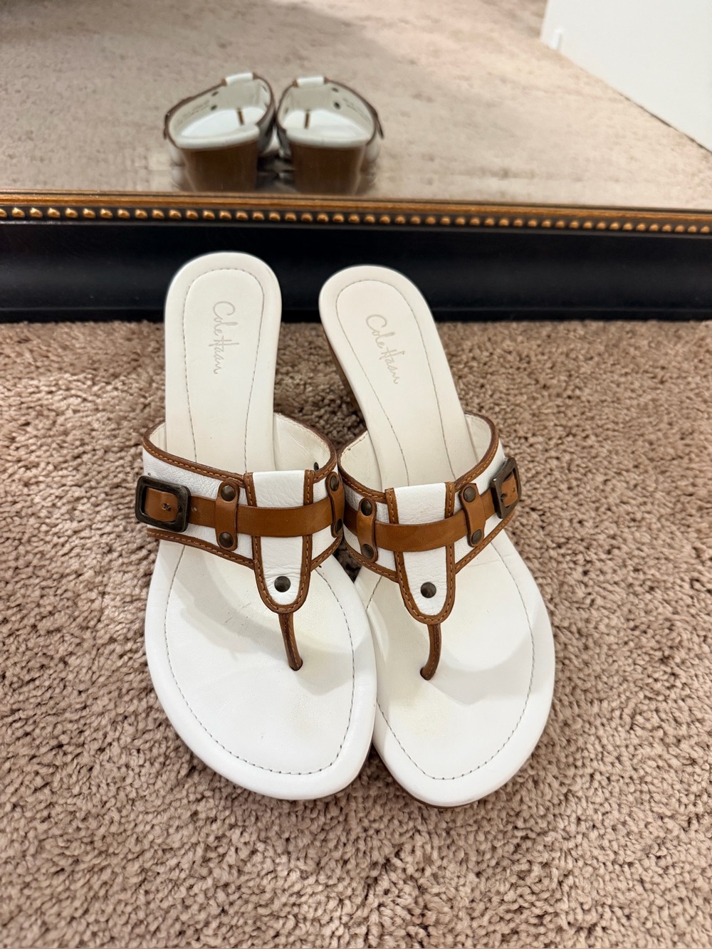 Cole Haan White and Brown Leather Thong Mules with Buckle Detail